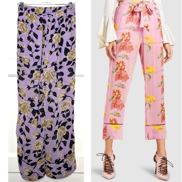 GANNI Floral Georgette High Rise Drawstring Waist Ankle Crop Wide Leg Pants 2 - Picture 2 of 7